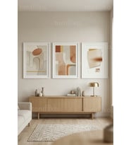 Doğal Tonlarda Minimalist Soyut Geometrik 3’lü Ahşap Çerçeveli Tablo Seti