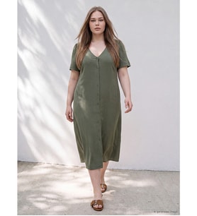 LCW Curve Haki Büyük Beden V Yaka Düğmeli Elbise