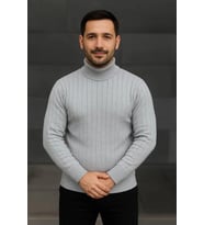 Erkek Balıkcı Yaka Bağazlı Triko Kazak Pamuklu Kalın Fitilli Dokuma, Regular Fit Uzun Kollu Kışlık M