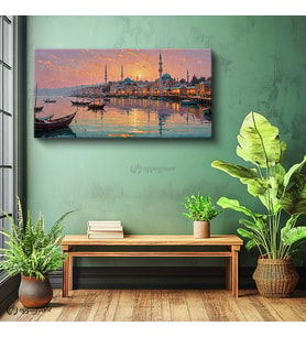 Yatay Panoramik Kanvas Tablo İstanbul Sahil Şehir Mimari Tablo Ev Ofis Duvar Dekoru