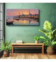 Yatay Panoramik Kanvas Tablo İstanbul Sahil Şehir Mimari Tablo Ev Ofis Duvar Dekoru