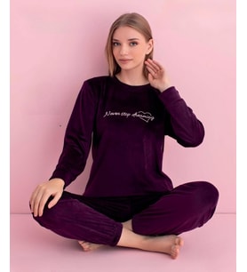 Pijamerry Kadın Kışlık Bisiklet Yaka Kadife Pijama Takımı 3042M - 1 Adet (Mor)