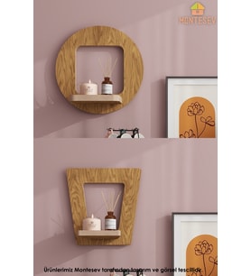 Ahşap Dekoratif Duvar Rafı 2 li Set ( MTS-276 ) (Kahverengi Açık)