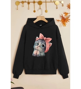 Çocuk Sevimli Kedi Baskılı Sweatshirt (Siyah)