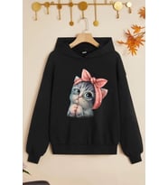 Çocuk Sevimli Kedi Baskılı Sweatshirt (Siyah)
