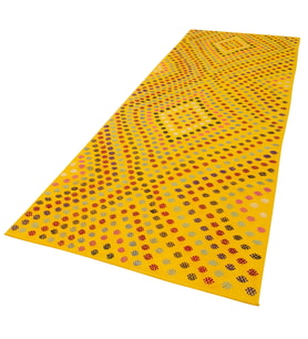 Sarı El Dokuma Salon Kilimi Modern Geometrik Motifli Bohem Tarz Canlı Renkler Koridor
