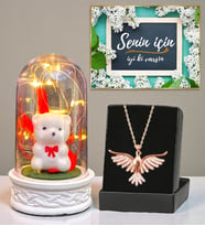 Led Işıklı Biblolu Fanus ve Gerçek Ametist Taşlı Zümrüdü Anka Kuşu Kolye (Model 7)