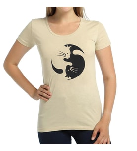 Bant Giyim - Yin Yang Kedi Krem Kadın T-shirt Tişört
