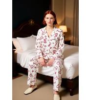 Kadın Yılbaşı Kalp Desenli Pijama Takımı Gömlek Yaka Fonksiyonel Dayanıklı Kaliteli Modern