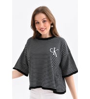 Kadın Bisiklet Yaka Çizgili Oversize Triko Kazak 10160 (Siyah)