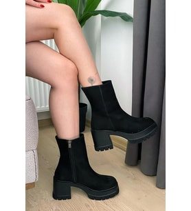 Kadın Pita Siyah Süet ( 8 cm ) Platfom Topuklu Fermuarlı Bot