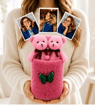 Kişiye Özel 3 Fotoğraflı Peluş Ayıcıklı Anı Buketi Sevgiliye Kadına Anneye Arkadaşa Hediye (pembe-pembe)