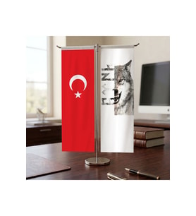 Göktürkçe "Türk" Bozkurt ve Türk Bayrağı Kırlangıç T tipi Masa Bayrak Takımı