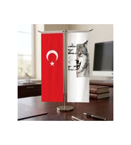 Göktürkçe "Türk" Bozkurt ve Türk Bayrağı Kırlangıç T tipi Masa Bayrak Takımı