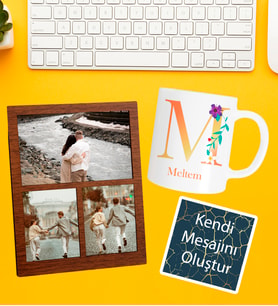Kişiye Özel Baş Harf İsim Soyisim Beyaz Kupa 3 Fotoğraflı Kolaj Ve Kendi Mesajını Oluştur Kart Seti