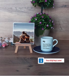 Eşe Hediye Fotoğraflı Dekoratif Taş, Ahşap Altlıklı Türk Kahvesi Fincanı Hediye (Model 4)