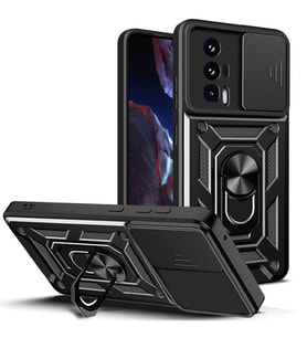 Vendas Xiaomi Poco F5 Pro Kılıf Magnetik Standlı Kamera Korumalı Zore Sürgülü Vega Kapak (Siyah)