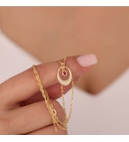 Vaoov 925 Ayar Gümüş Pembe Taşlı Singapur Zincirli Oval Kolye (Gold)