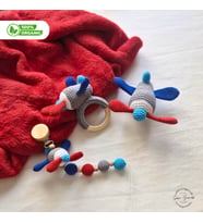 Sarı Yumak Amigurumi Uçak Seti - Organik Örgü Çıngırak, Emzik Zinciri ve Oyuncak Seti