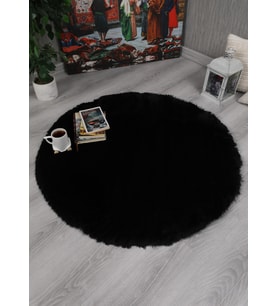 Dekoratif Tavşan Tüyü Ultra Yumuşak Peluş Yuvarlak Halı Siyah