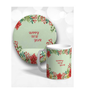 Yeni Yıl Çiçekleri Oval Bilek Destekli Mouse Pad Ve Kupa Bardak Seti