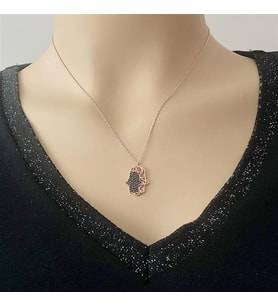 Rose Kaplama siyah taşlı Fatma Ana Eli Gümüş kolye (Karışık)