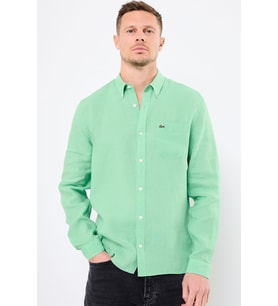 Lacoste Men's Regular Fit Button-Down Collar Linen Shirt Erkek Düğmeli Yaka Keten Gömlek Bej