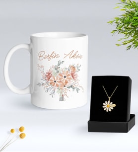 BK Gift Kişiye Özel İsimli Çiçek Tasarımlı Beyaz Kupa ve Papatya Kolye Hediye Seti - 19, Sevgiliye Hediye, Anneye Hediye, Arkadaşa Hediye
