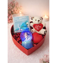 Sevgiliye Romantik Hediye Kutusu Işıklı Kalp Mavi Kar Küresi Peluş Ayıcık ve Gül Buketi Hediye Set03 (Çok Renkli)