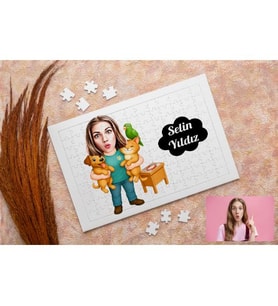 Veteriner Kadın Karikatürlü Kişiye Özel Puzzle