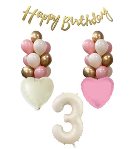 1 Yaş Kız Doğum Günü Konsepti Retro Krem Rakam Happy Birthday Bannerlı Balon Zinciri Seti (03)