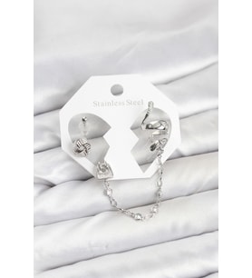 Pirinç Gümüş Renk Yılan Model Zincir Bağlantılı Ear Cuff Küpe Seti - TJ-BKP11533
