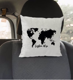 BK Gift Kişiye Özel İsimli Dünya Haritası Tasarımlı Kare Araç Koltuk Yastığı-1