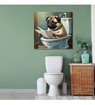 Tekli Kare Kanvas Banyo Tablosu Gazete Okuyan Pug Köpek