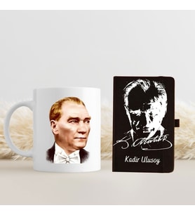 Kişiye Özel Atatürk Tasarımlı Kupa Bardak ve Not Defteri  Hediye Seti 3724