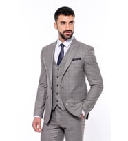Ekose Desenli Yelekli Slim Fit Bej Erkek Takım Elbise - Wessi (Kahverengi)