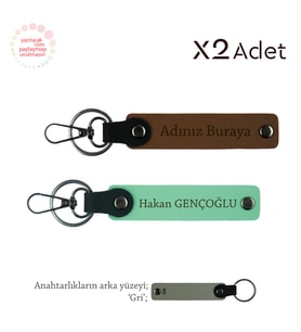 Dostluğa Manevi Dokunuş,Kişisel İsimli 2’li Anahtarlık Seti, Açık Kahve-Yeşil-Gri