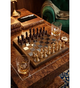 Premium Gümüş Kareli Ahşap Taşlı Lüks Satranç Takımı Dekoratif VIP Hediyelik Standart Set 30x30 cm