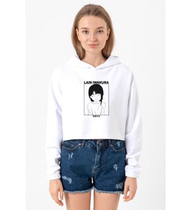 Serial Experiments Anime Lain Poster Beyaz Optik Kadın Crop Kapşonlu (A.Beyaz)