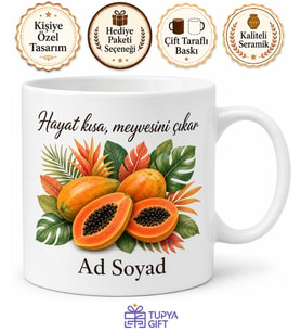 Papaya Temalı Baskılı Kupa Bardak Hediye Tropik Meyve Desenli Porselen Mug
