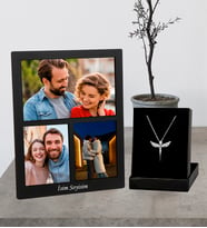 Kİşiye Özel Premium 3 Fotoğraflı Kolaj Ahşap Masaüstü Çerçeve Ve Gümüş Melek Kolye Set
