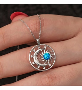 Gümüş Opal Mavi Taşlı Ay Güneş Kadın Kolye