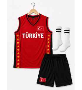 Kırmızı Siyah Türkiye Armalı Çocuk Basketbol Forması Takımı 3 Parça Forma+Şort+Çorap