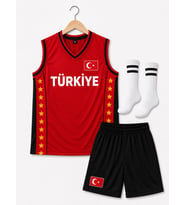 Kırmızı Siyah Türkiye Armalı Çocuk Basketbol Forması Takımı 3 Parça Forma+Şort+Çorap