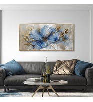 Yağlı Boya Dokulu Tablo Modern Mavi Tek Çiçek Altın Çerçeveli U02030