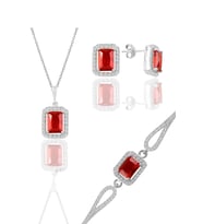 Söğütlü Silver Gümüş rodyumlu kırmızı taşlı baget kesim üçlü set
