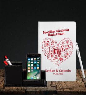 Sevgililer Gününe Özel Beyaz Defter Kalem & Deri Kaplama Kalemlik Hediye Seti 11