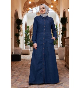 6573-Düğmeli Elbise Koyu Mavi