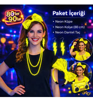 80’ler 90’lar Neon Sarı Parti Seti – Kolye Küpe Taç