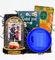 Fotoğraflı İsimli ve Işıklı Fanus & Mavi Kahve Fincanı Hediye Seti  Kişiye Özel Premium Set (Model 9)
